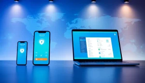 多设备显示的快连 VPN 应用界面，展示全球连接性与安全特性。