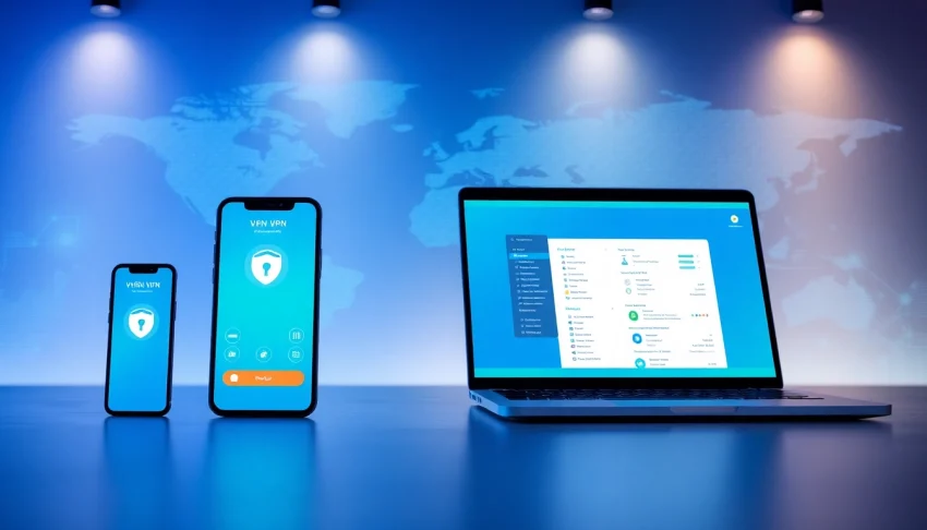 多设备显示的快连 VPN 应用界面,展示全球连接性与安全特性。