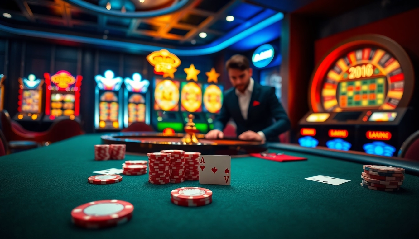 Vivez l'excitation des jeux d'argent en ligne dans un casino en ligne luxueux avec des jeux de poker et des machines à sous vibrantes.