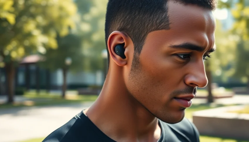 Man using Bone X1 Bone Conduction Headphones while jogging in a park.