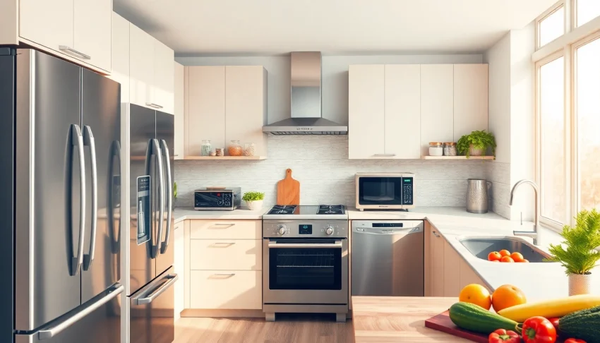 Showcase of modern home appliances in an elegant kitchen, highlighting their advanced designs.