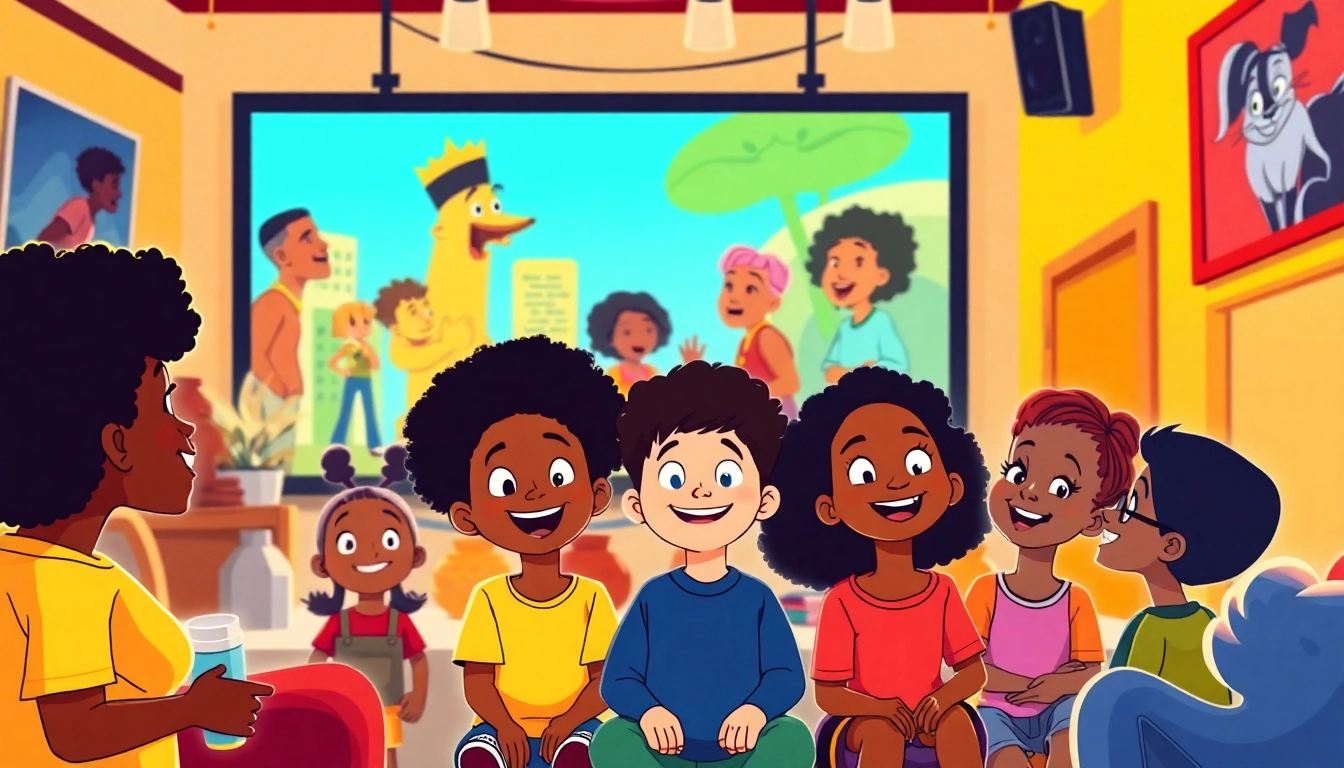A colorful illustration depicting African American cartoons with children joyfully engaging with animated characters, celebrating diversity and representation.