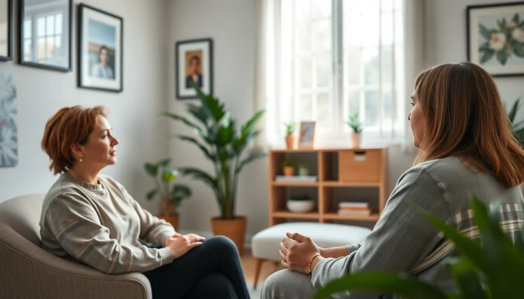 Visual representation of discussing depression symptoms in a therapeutic setting with a calm atmosphere.