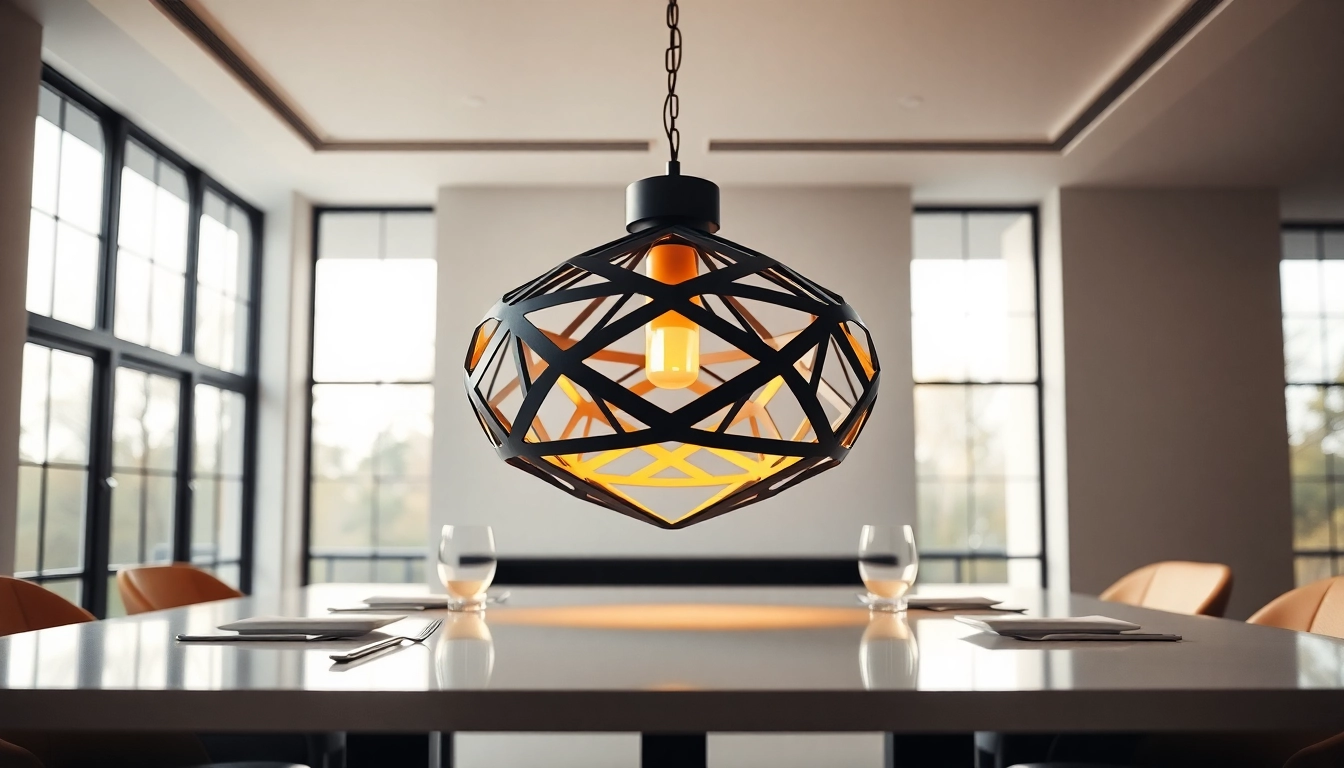 Stylish black and gold light fixture enhancing elegance in a modern dining space.