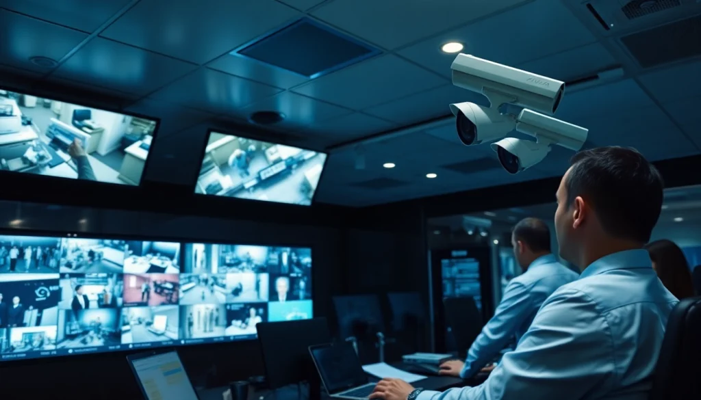 Cámaras Dahua mostradas en una sala de monitoreo de seguridad de alta tecnología con transmisiones en vivo y técnicos.