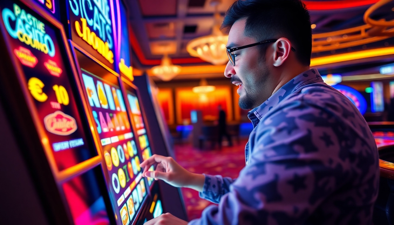 Engaging casino scene with slot demo scatter hitam machine, vibrant atmosphere and excited player.