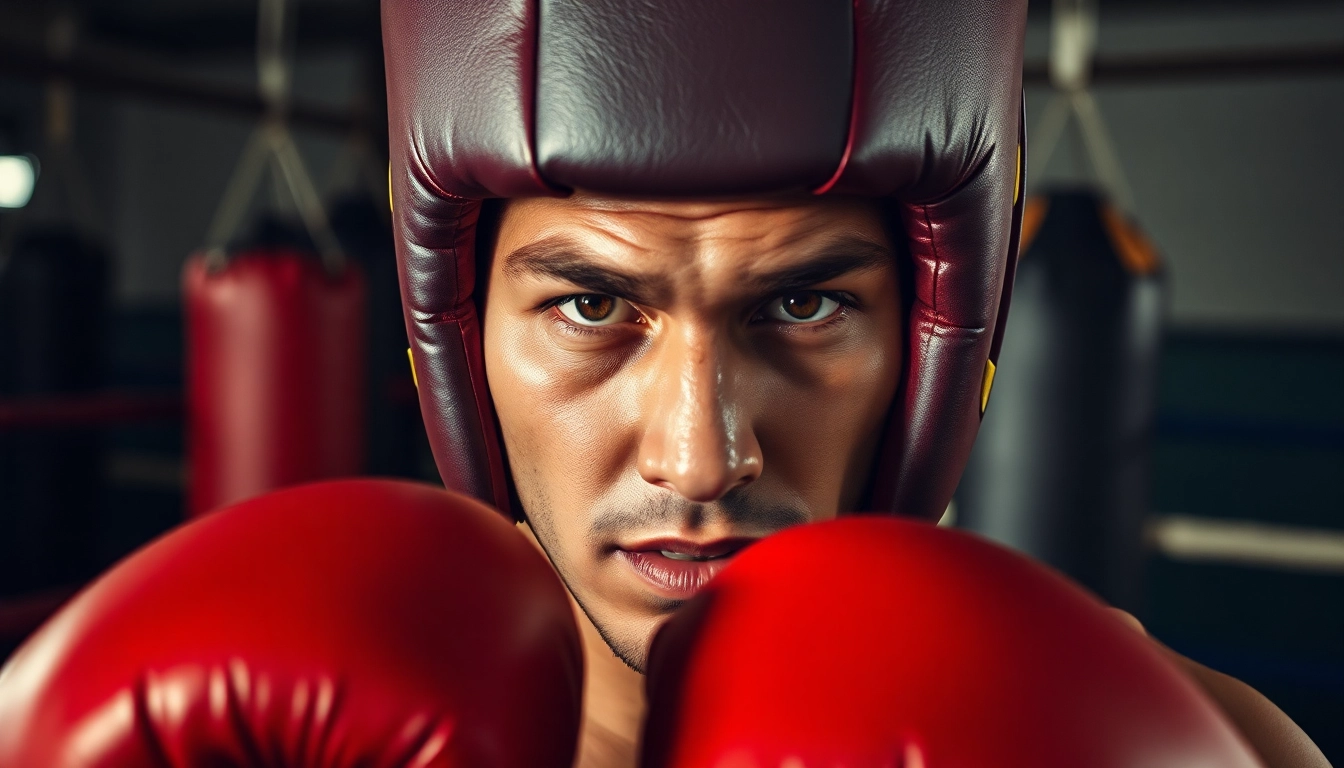 Fighter training with headgear boxing to enhance safety and performance.