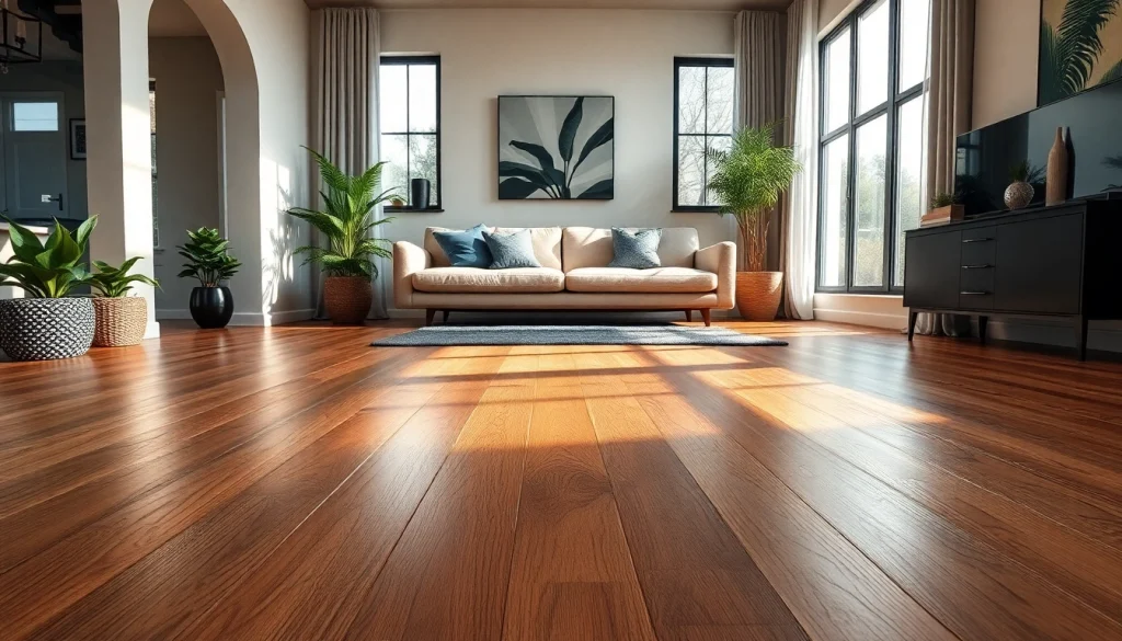Showcasing flooring restoration in a modern living room with warm textures and natural light.