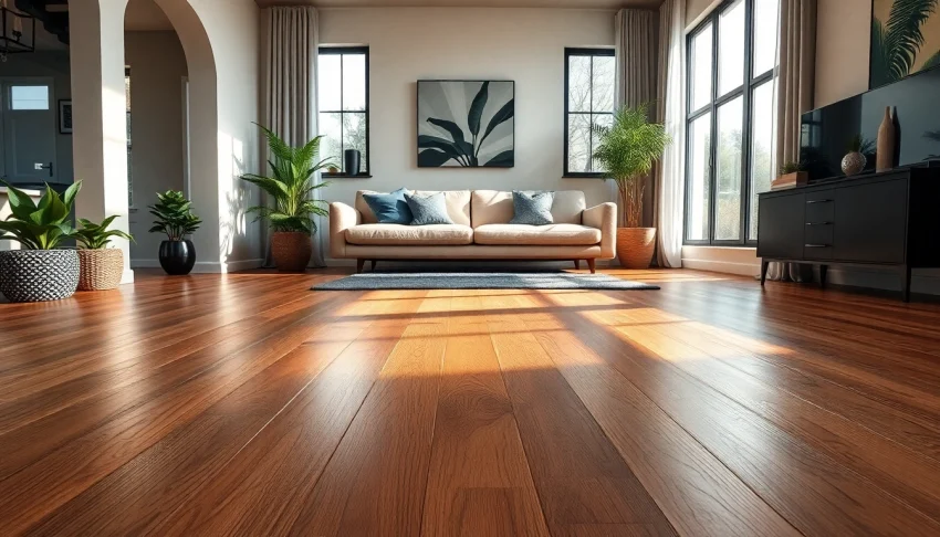 Showcasing flooring restoration in a modern living room with warm textures and natural light.
