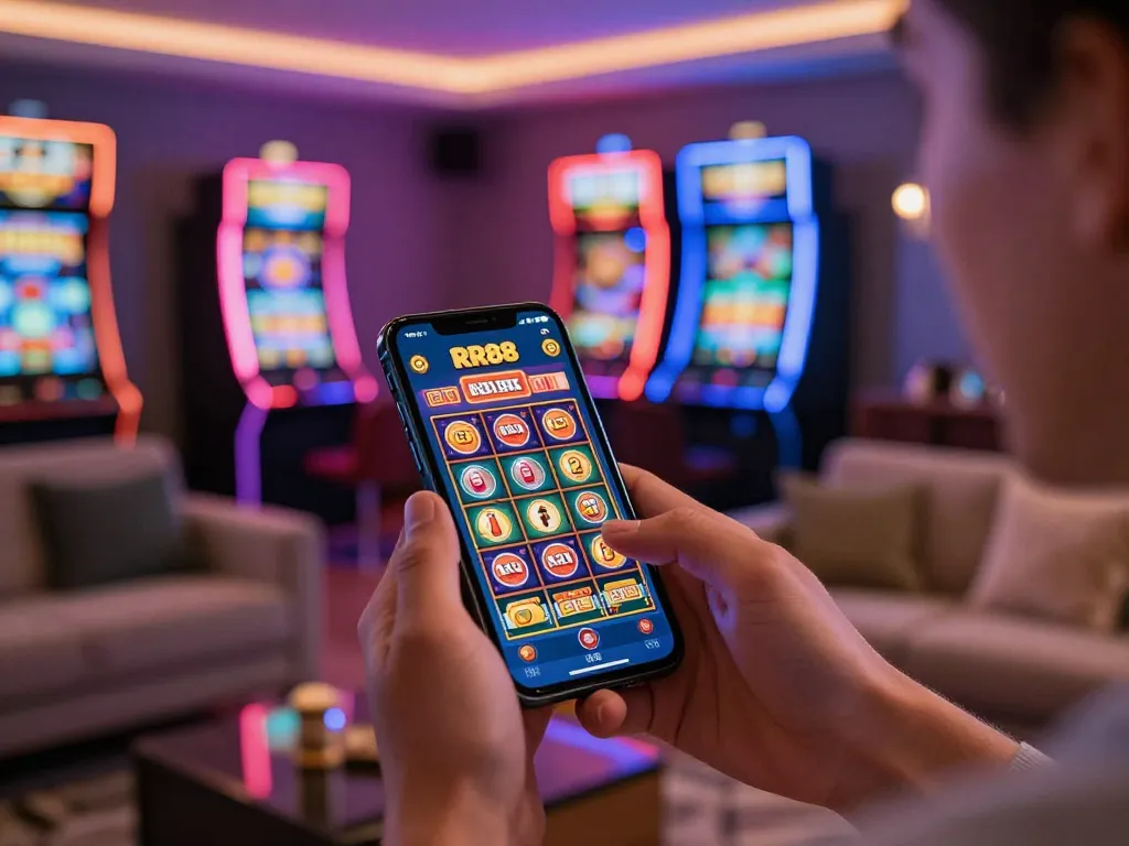 Engaging with the RR88 App on smartphone, showcasing vibrant casino excitement and betting action.