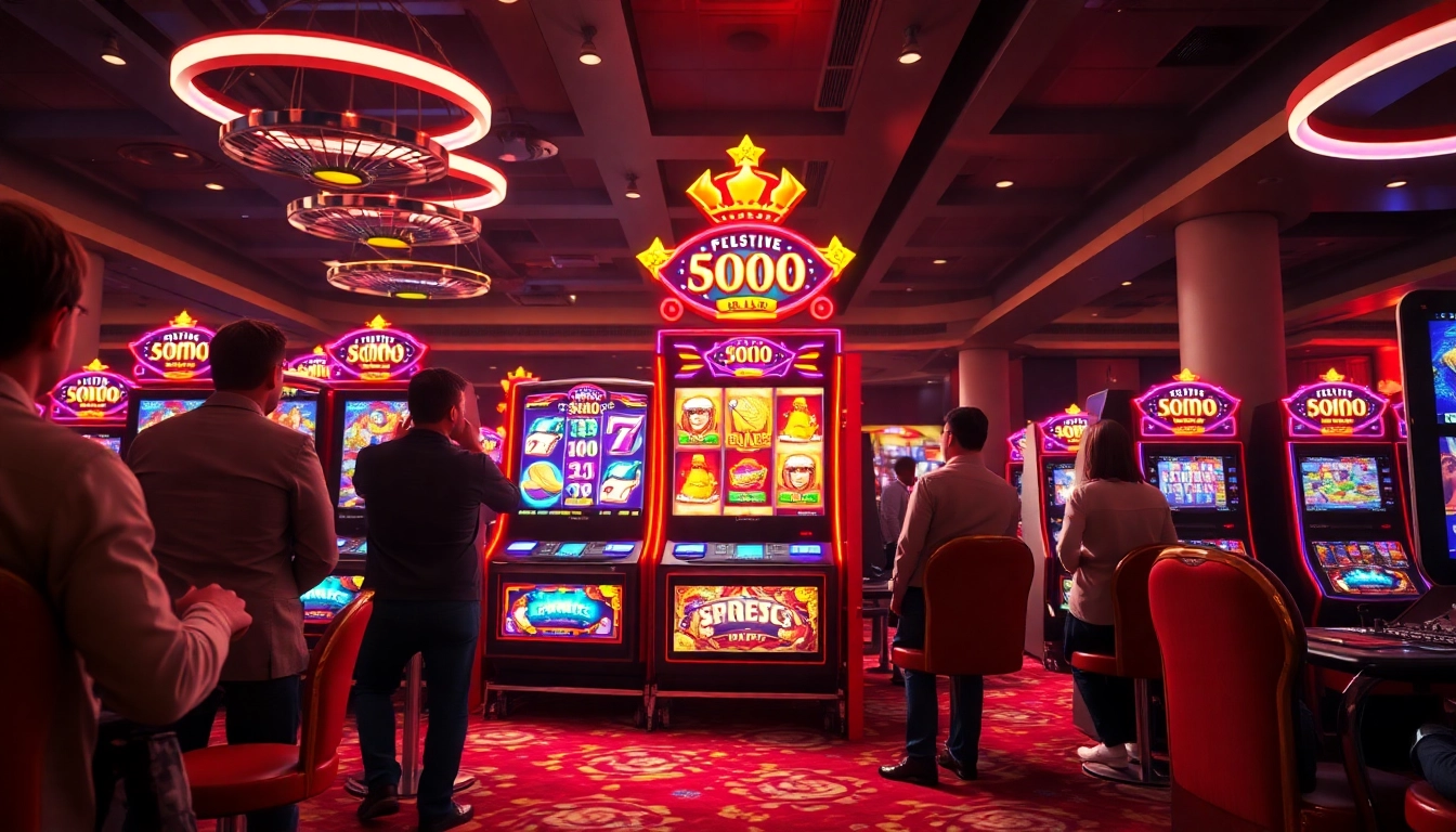 Menangkan permainan demo slot online dengan mesin slot cerah dan pemain antusias di kasino.