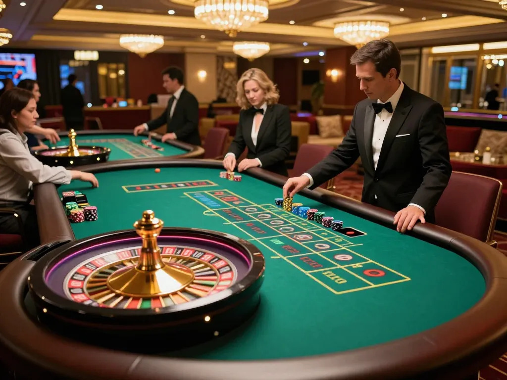 Experience thrilling gameplay at FLY88's roulette table, surrounded by eager players and vibrant decor.