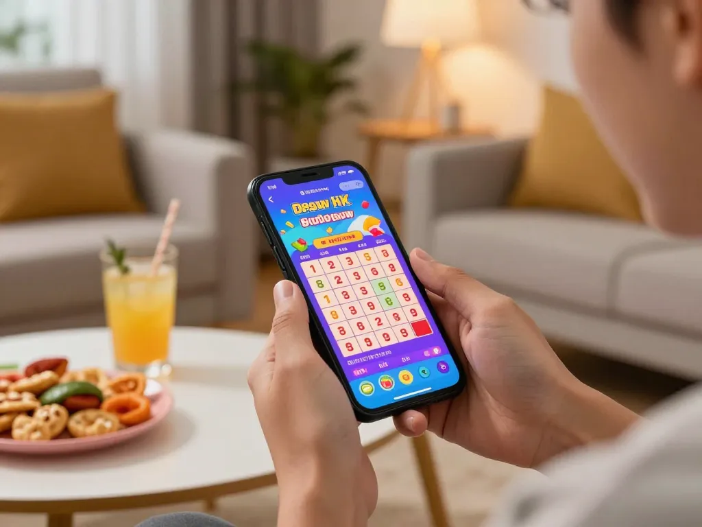 Engaging in live draw hk on a smartphone, revealing thrilling lottery results in a cozy setting
