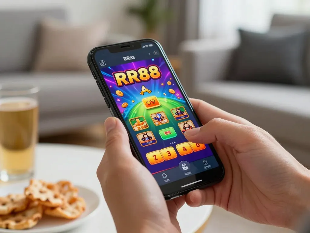 Engaging scene of a player using the RR88 App for online casino gaming on a smartphone.