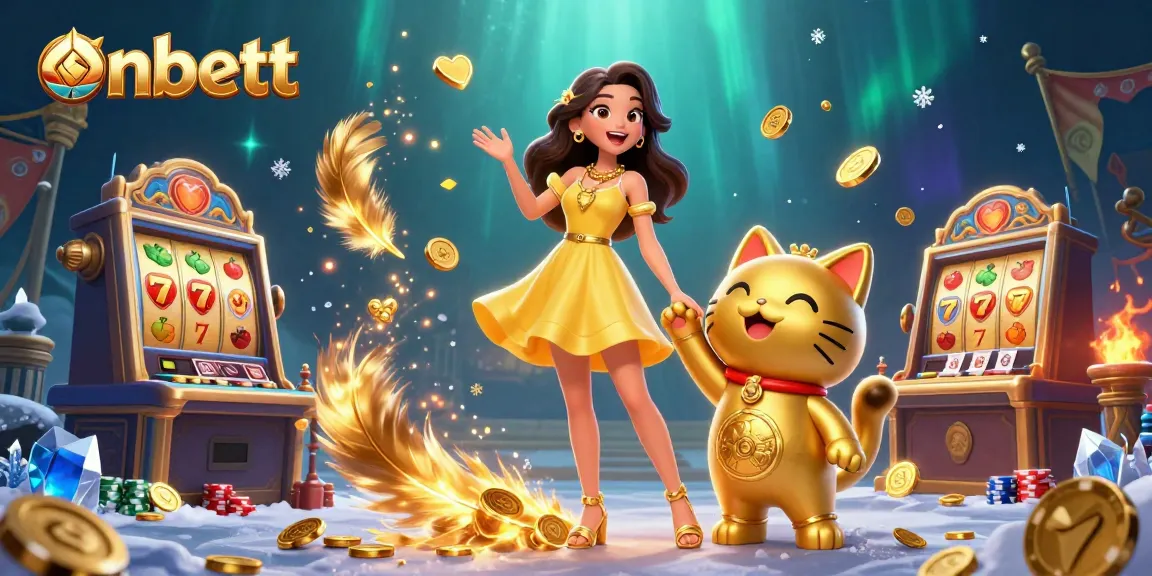Experience thrilling entertainment on onbett with a cheerful Asian woman and a lucky cat surrounded by casino elements.