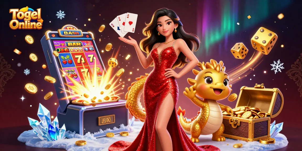 Engage in Togel Online with vibrant casino elements featuring a glamorous Asian woman and a golden dragon.