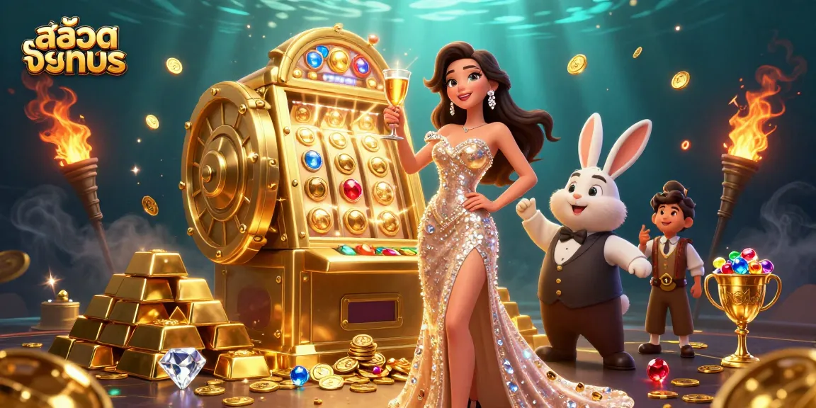 Play สล็อตทดลอง with a stunning woman beside a jackpot slot machine, celebrating wins.