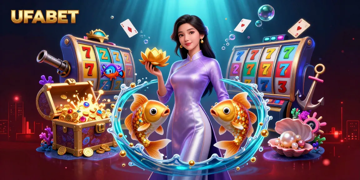 Experience the excitement of UFABET with vibrant slot reels, koi fish, and a stunning Asian woman in a casino.