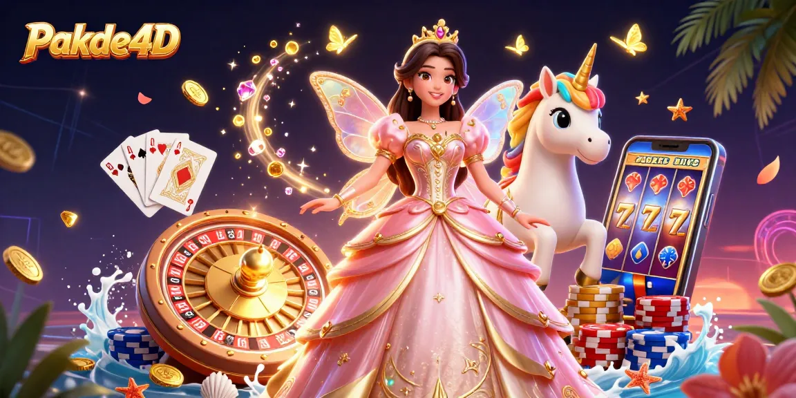 Engage with Pakde4D's enchanting scene of vibrant gaming elements amidst cascading gems and golden coins.