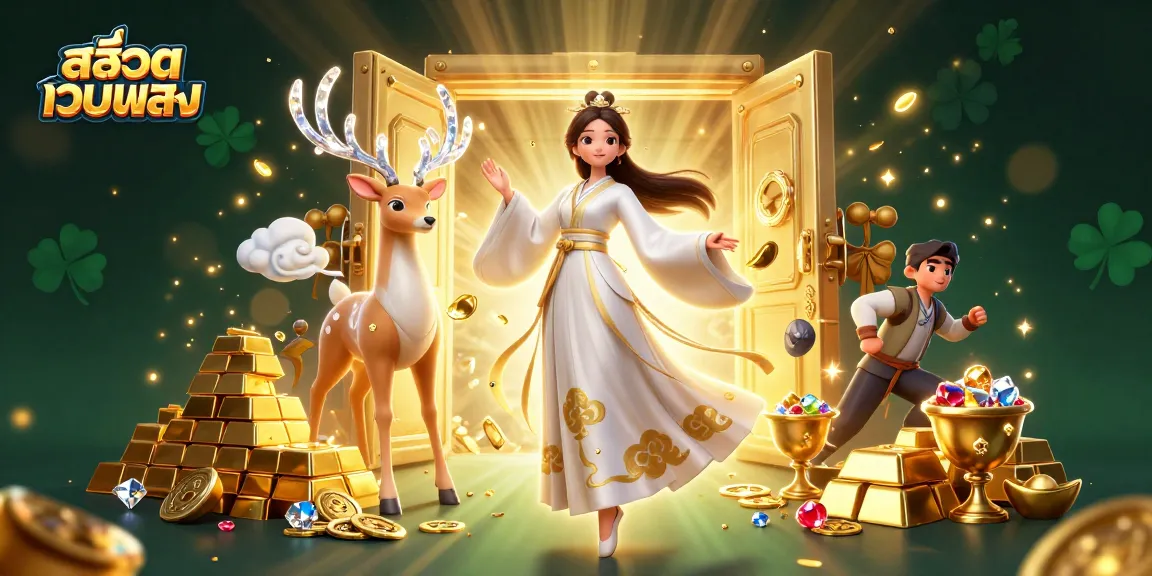 Experience สล็อตเว็บตรง with vibrant 3D illustration of winning moments amid golden treasures and gems.