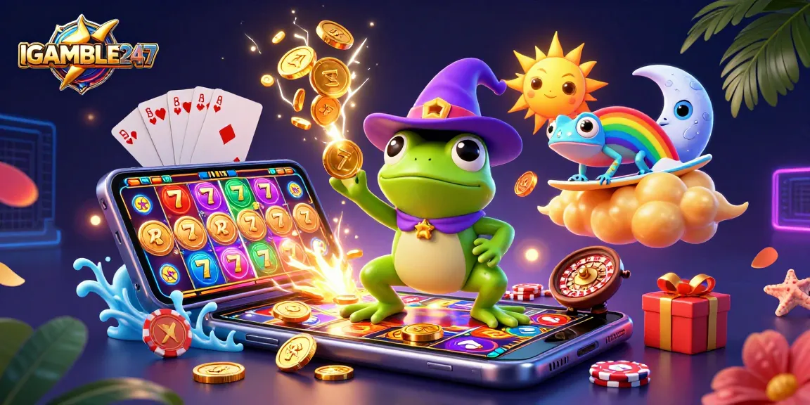 Engage with IGAMBLE247's vibrant casino world filled with golden coins, colorful games, and dynamic characters.
