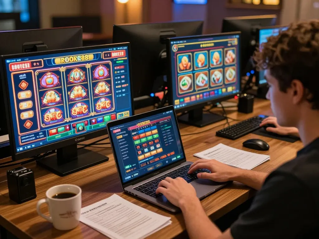 Player engaging with rokok88 slots on multiple screens, showcasing strategic online gambling.