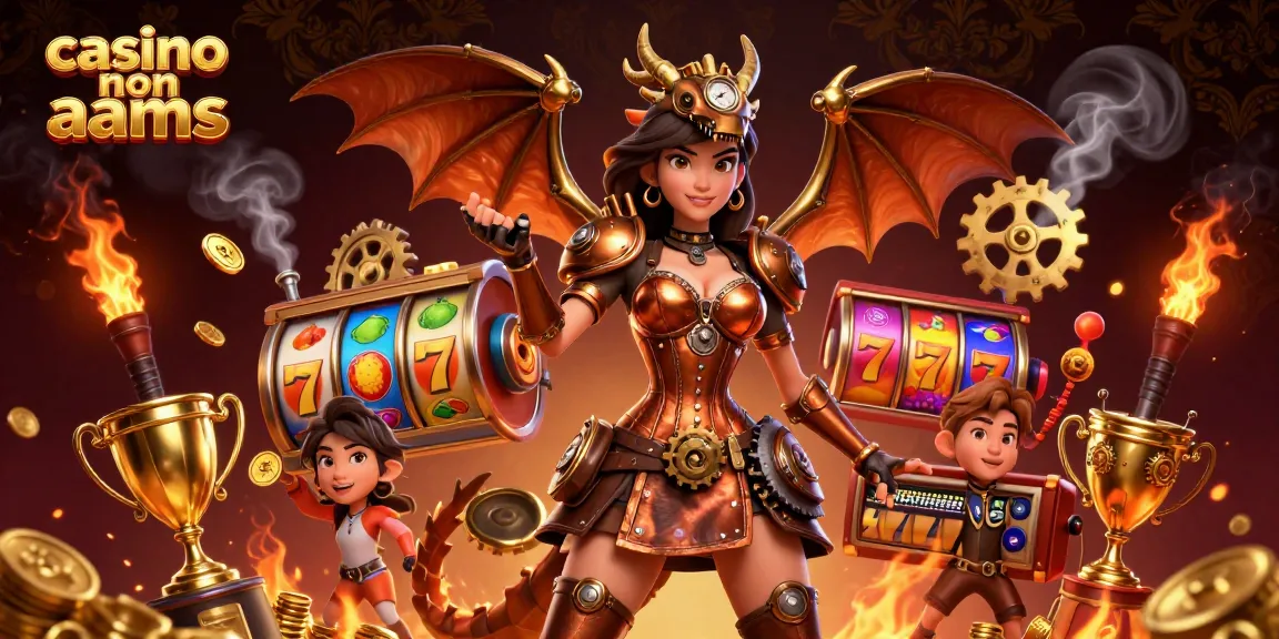 Vivi l'emozione nei casino non AAMS con rulli di slot vivaci, trofei dorati e personaggi dinamici.
