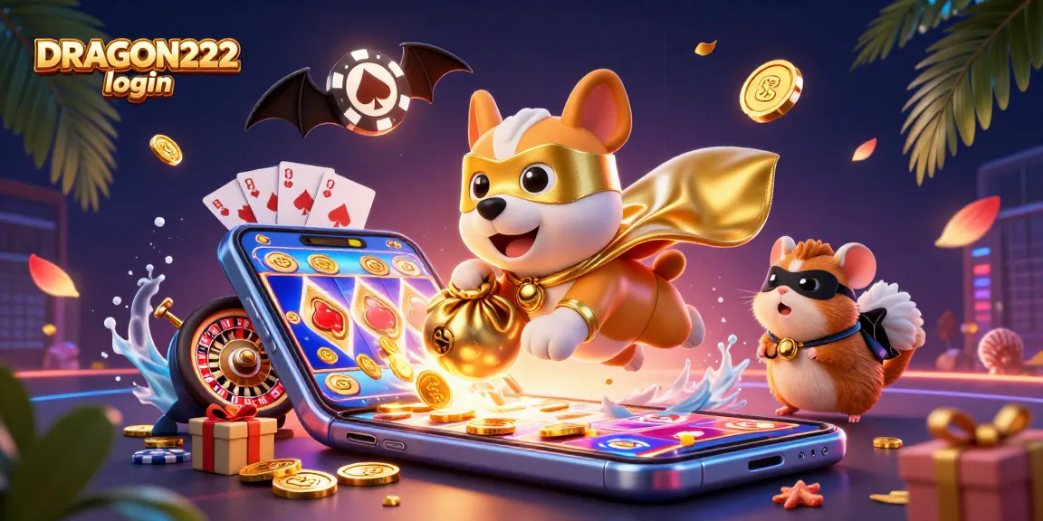 Experience seamless gameplay with DRAGON222 login surrounded by vibrant slot game elements, coins, and characters.