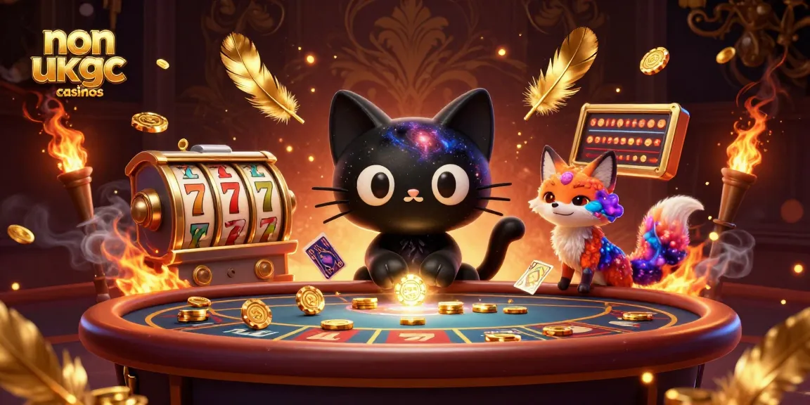 Experience the thrill of non ukgc casinos with a cosmic scene featuring a black hole cat and colorful gas fox.