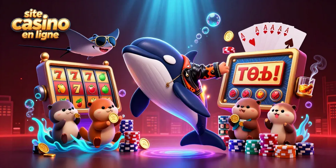 Capture d'écran de site casino en ligne avec orque et loutres gagnant des pièces d'or sur un fond vibrant.