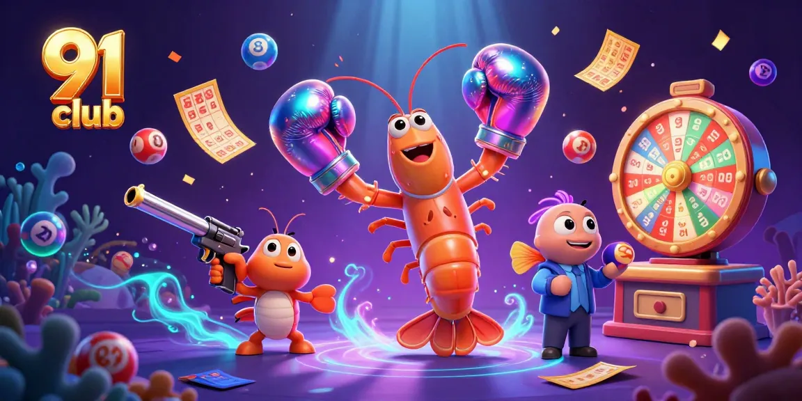 Engage with 91 club's thrilling gaming adventure featuring cartoon shrimp and colorful lottery elements