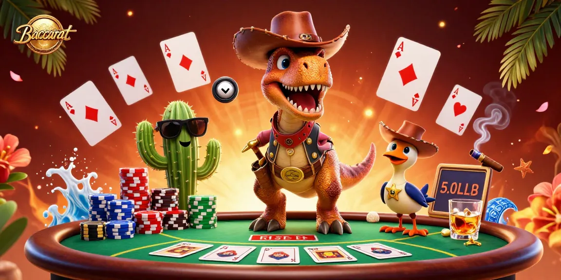 Baccarat gameplay featuring a dynamic 3D cartoon T-Rex, poker table, colorful chips, and vibrant decorations