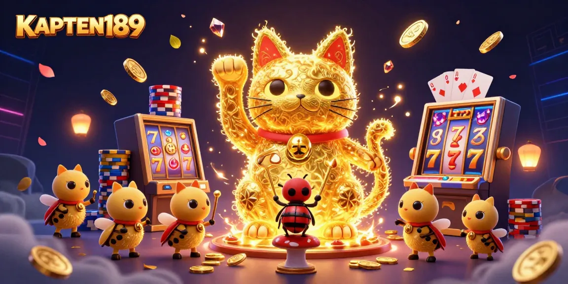 KAPTEN189 menawarkan suasana permainan slot online yang seru dengan simbol keberuntungan, tumpukan chip, dan kartu royal flush.