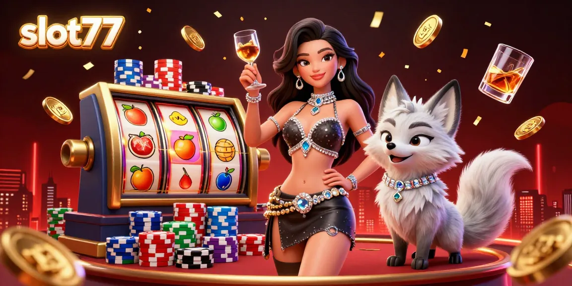 Experience slot77's thrilling gaming atmosphere with vibrant reels, chips, and festive energy.