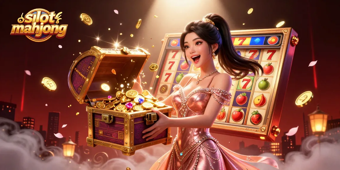 Engage with the vibrant slot mahjong scene featuring a joyful Asian woman, treasure chest, and dynamic game elements.
