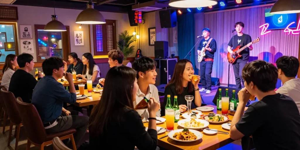 상봉동 한국관나이트 lively atmosphere with people enjoying cocktails and K-pop performance.