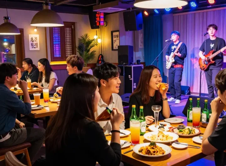 상봉동 한국관나이트 lively atmosphere with people enjoying cocktails and K-pop performance.
