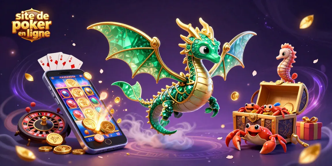 Participez au site de poker en ligne avec des dragons marins et un smartphone dans un décor fantastique.