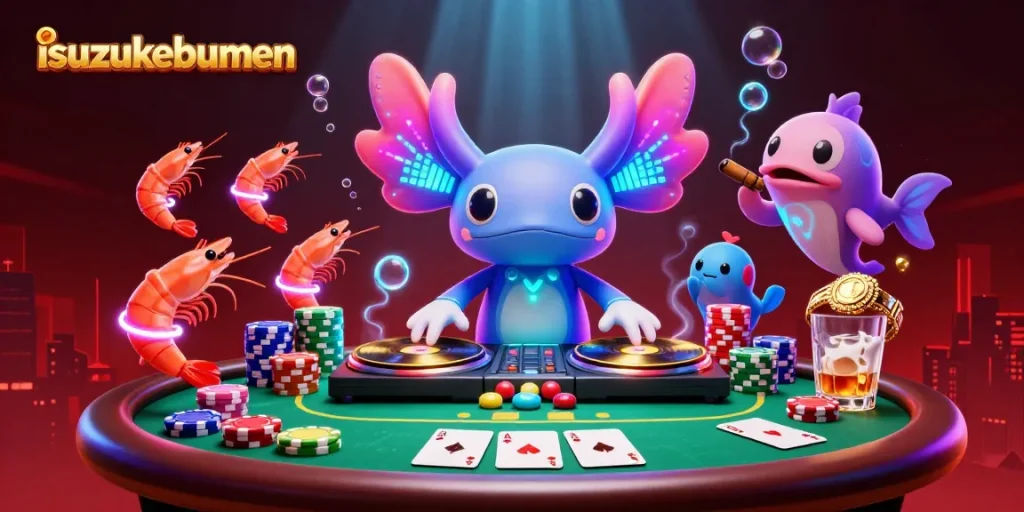 Engage with isuzukebumen's vibrant casino scene featuring an axolotl DJ and playful characters.