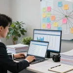 Professional investigating asset tracing data in a corporate office.