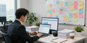 Professional investigating asset tracing data in a corporate office.