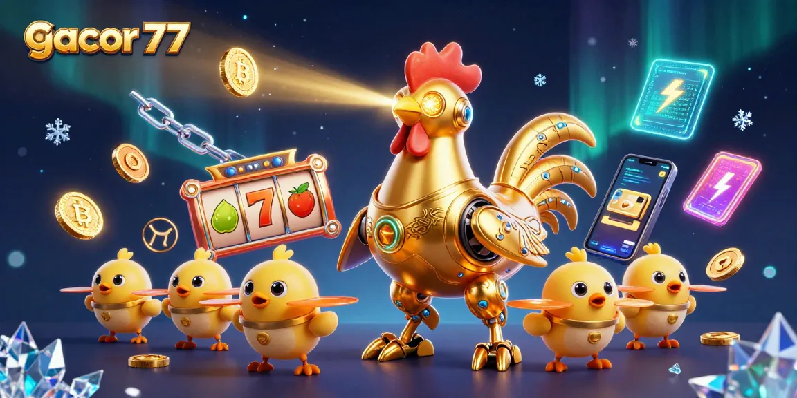 Gacor 77 menampilkan robot ayam emas futuristik dalam permainan slot dengan efek visual menarik.