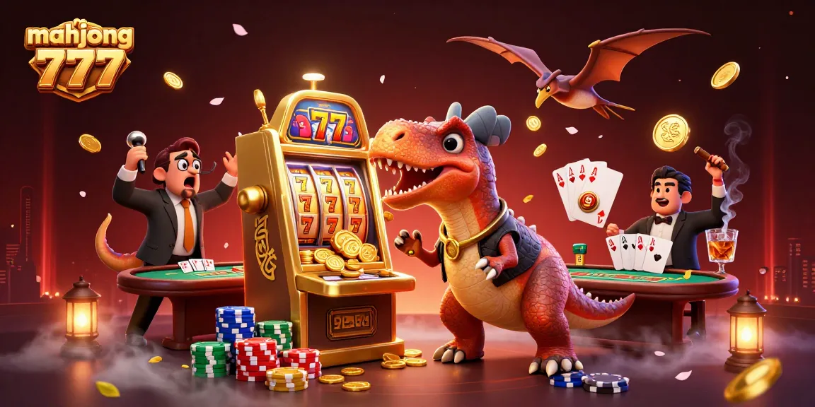 Engage with mahjong 777 as the cartoon dinosaur interacts with a golden slot machine and flying coins.