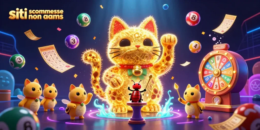 Scommetti con i migliori siti scommesse non AAMS, con un favoloso gatto portafortuna e simboli del casinò circondati da elementi vibranti e festosi.