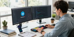 telegram中文版下载 displayed on screens in a developer's workspace, highlighting productivity and innovation