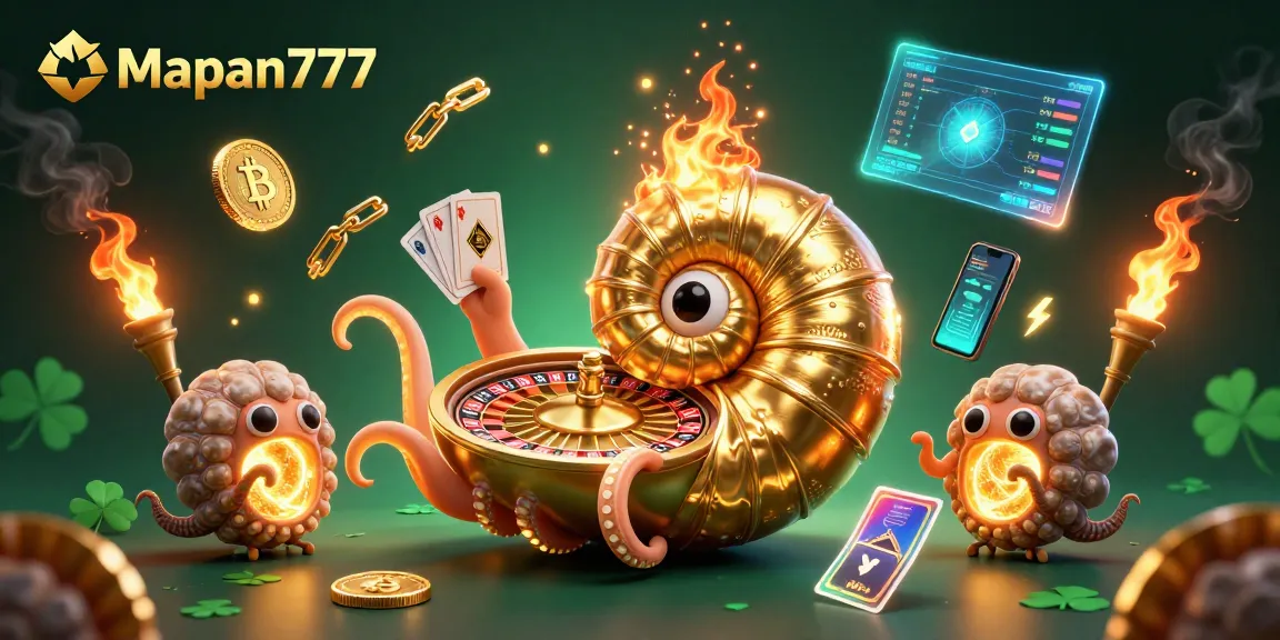 Experience the thrill of Mapan777 with a vibrant 3D casino scene featuring a giant nautilus and crypto elements.