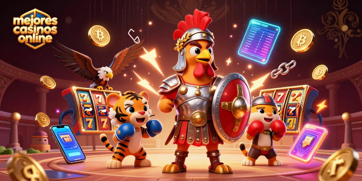 Representación de los mejores casinos online mostrando un gallo gladiador y elementos de slots.