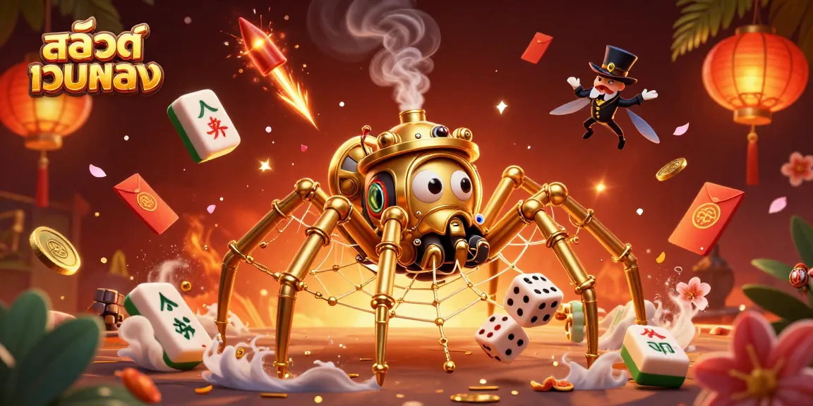 Play exciting สล็อตเว็บตรง with a golden steampunk spider and vibrant winning symbols.
