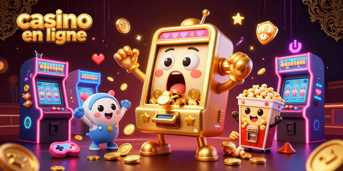 Casino en ligne : une machine à sous dorée surpris par un jackpot, accompagnée de machines et d'une ambiance festive.