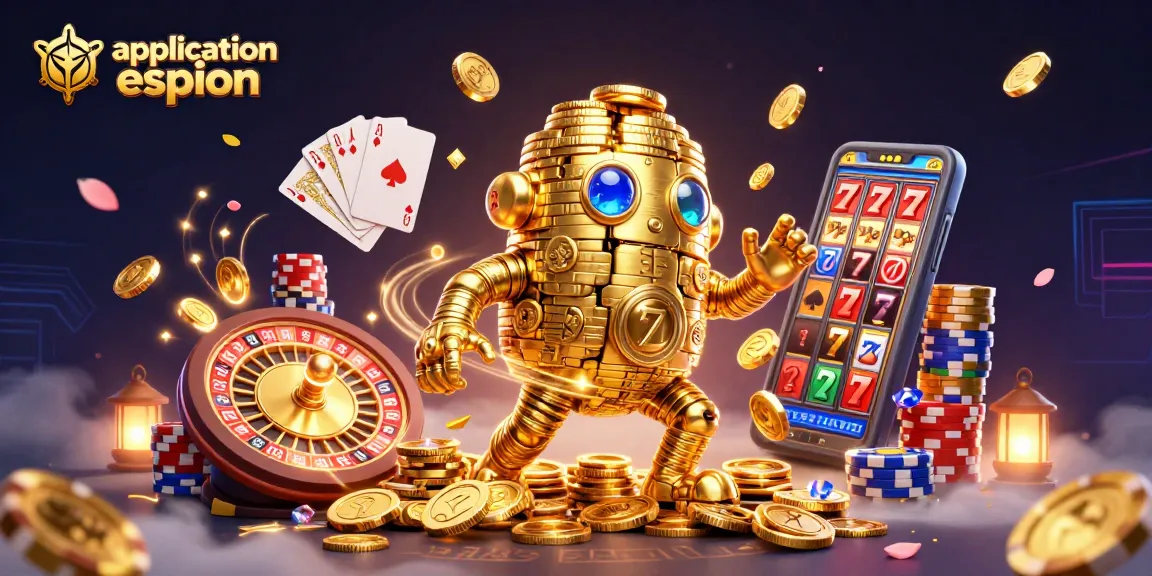 Vivez l'aventure du jeu avec une application espion, entourée de pièces d'or et de symboles de machines à sous.